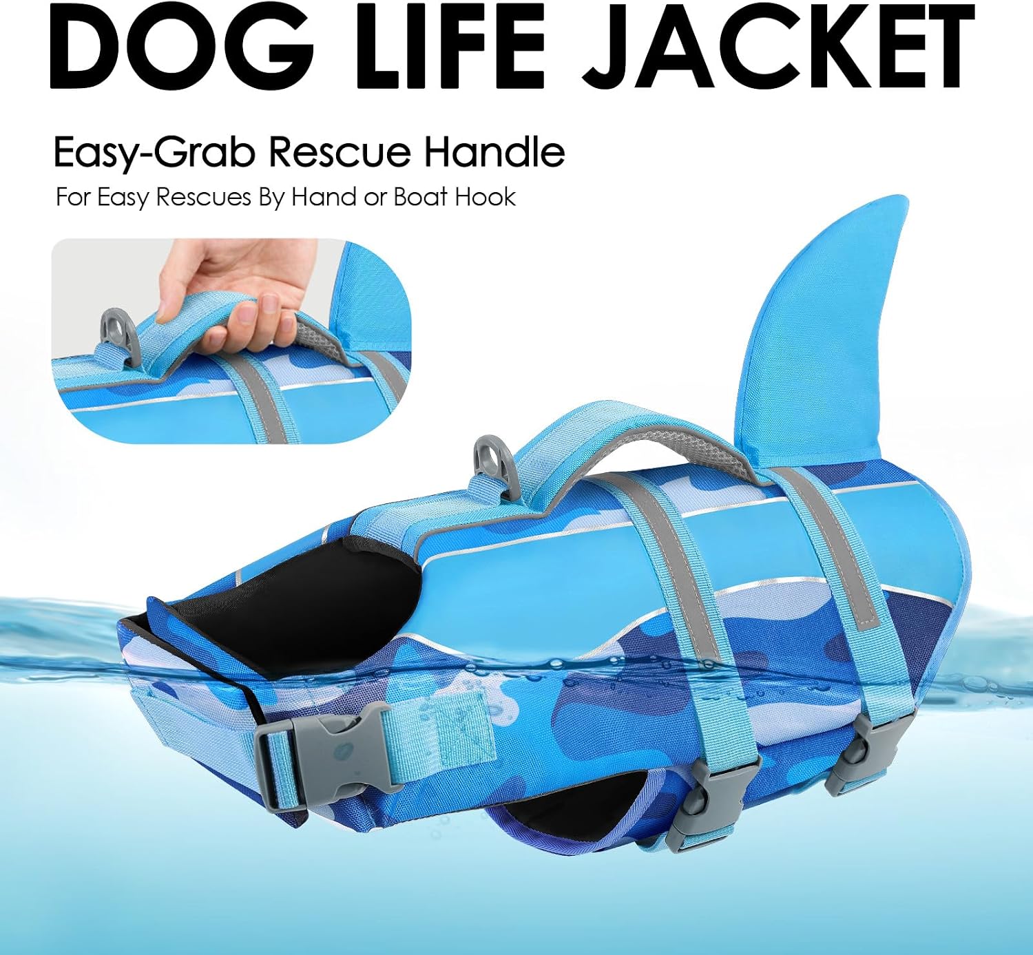 Blue camo dog life vest with top rescue handle for water safety.