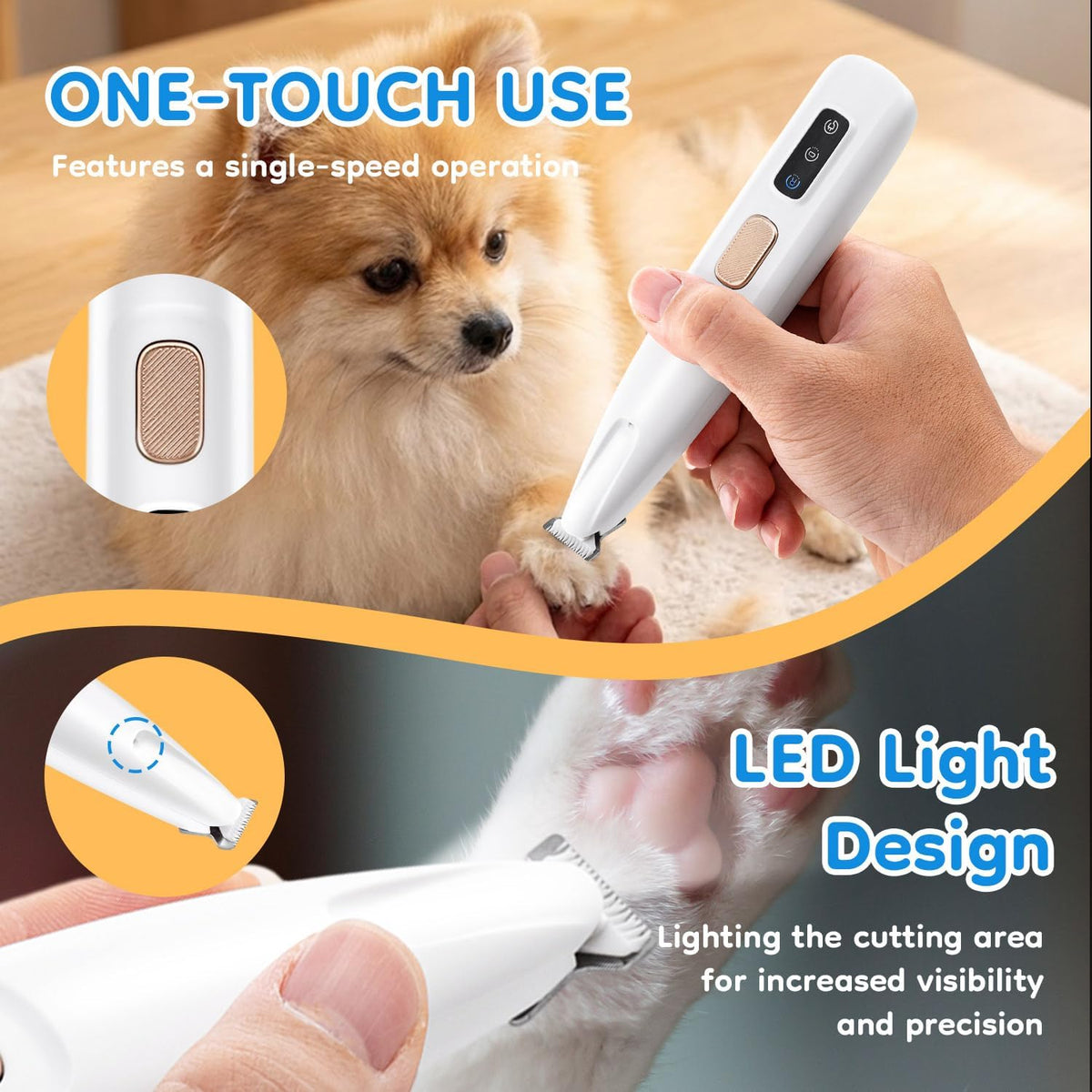 Close up of the 0.7-inch stainless steel blades with rounded edges on the Mcbazel animal trimmer