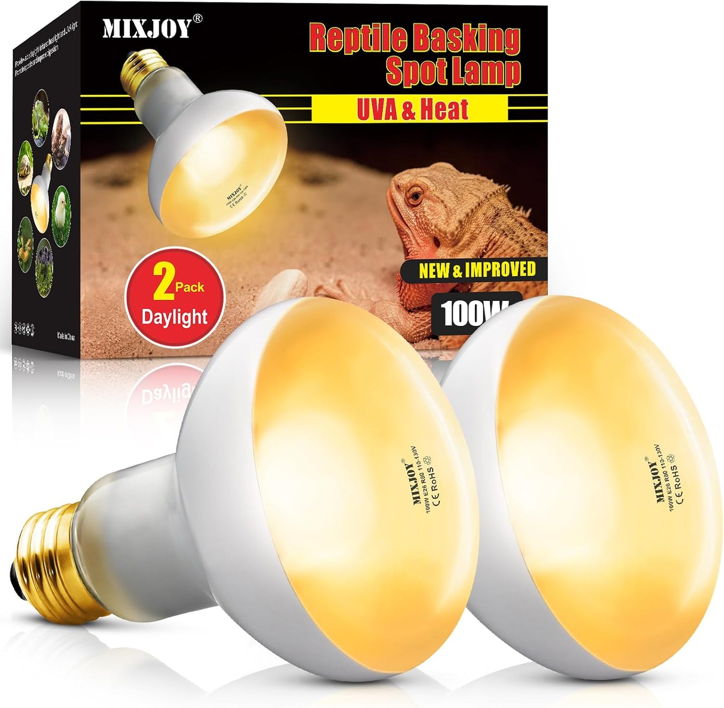 MIXJOY 150W Reptile Heat Lamp Bulbs, 2Pack Heat Lamp Bulbs for Reptiles Basking Bulbs UVA Daylight Basking Light Amphibians Heating Lamp Emitter for Lizard, Tortoise, Bearded Dragon Gecko, Chicken - Image 9