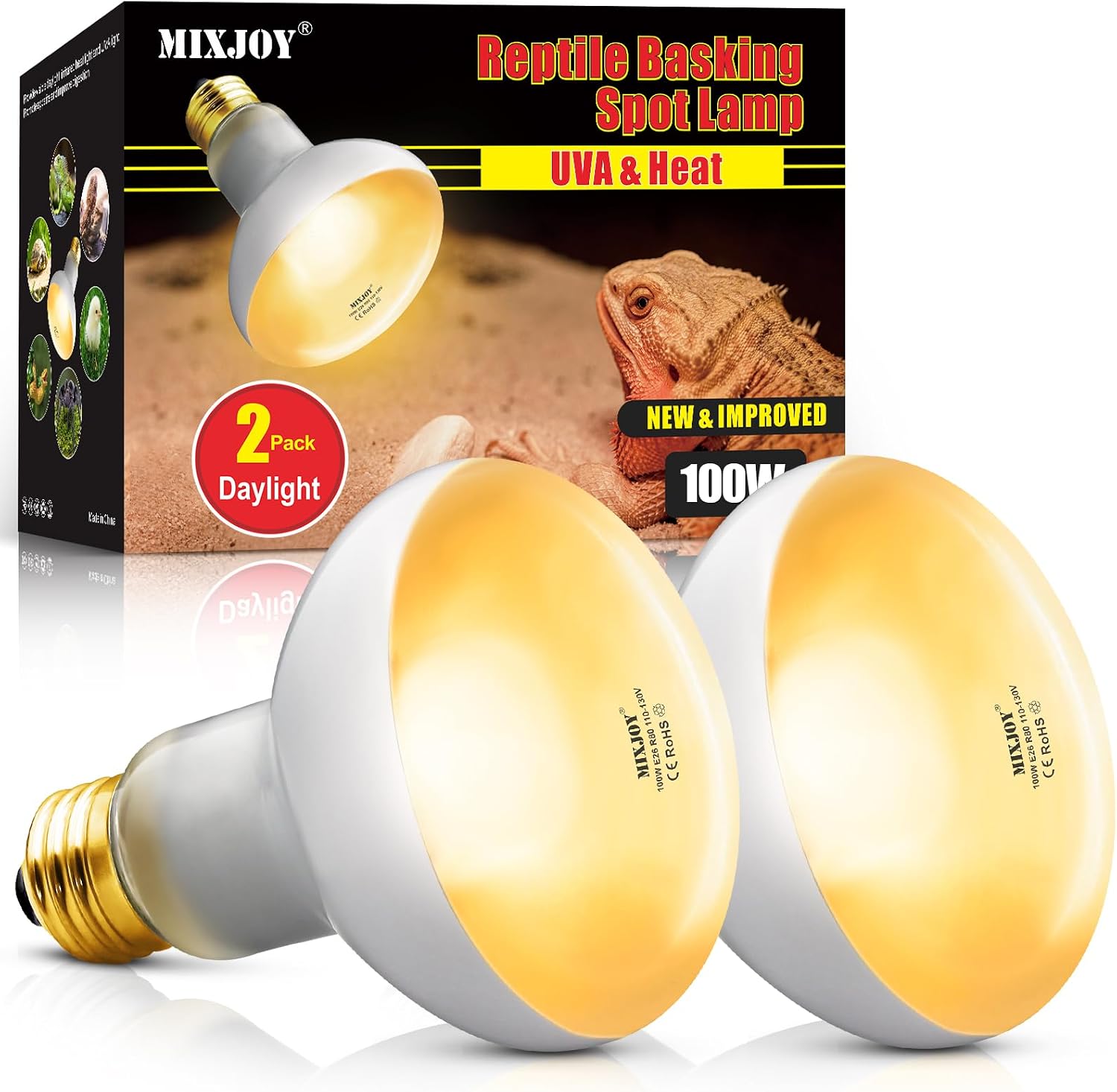 MIXJOY 150W Reptile Heat Lamp Bulbs, 2Pack Heat Lamp Bulbs for Reptiles Basking Bulbs UVA Daylight Basking Light Amphibians Heating Lamp Emitter for Lizard, Tortoise, Bearded Dragon Gecko, Chicken - Image 9