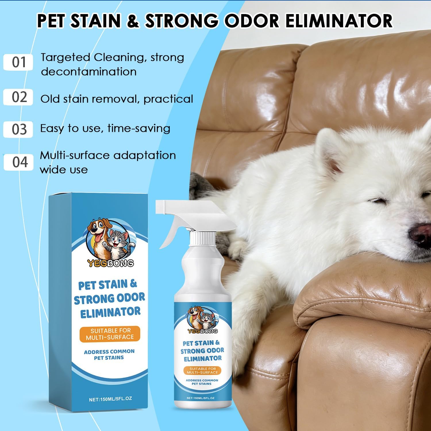 Resolve pet odor eliminator spray being applied to a stained carpet surface.