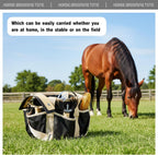 Portable horse grooming kit bag showing seven exterior pockets filled with care supplies.