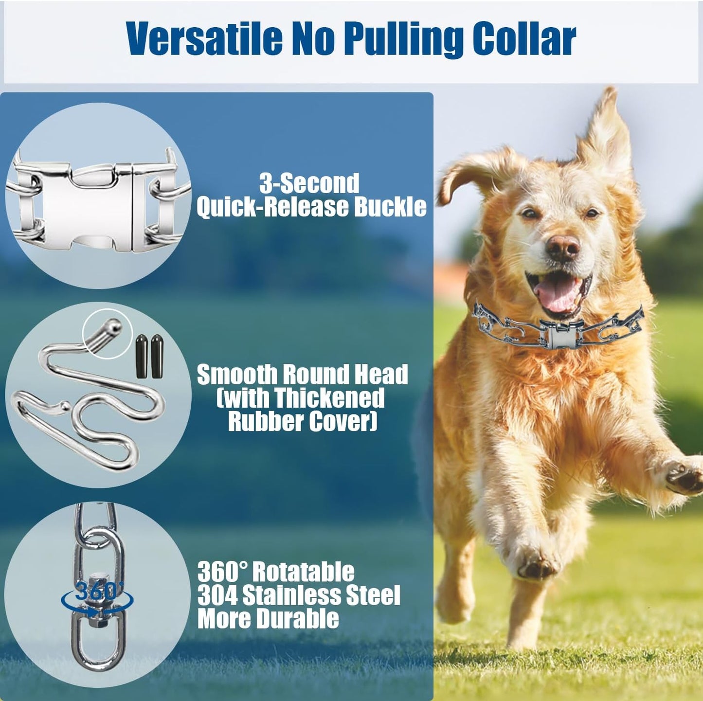 Detailed shot of the rounded stainless steel links with soft protective rubber tips for safe pet training.
