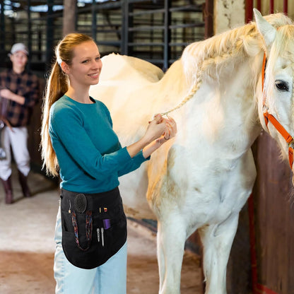 Detailed view of horse mane braiding brushes and clips
