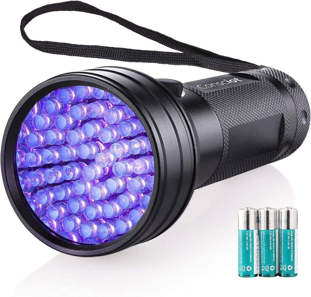 Consciot 51 LED ultraviolet flashlight front view highlighting the premium aluminum body.