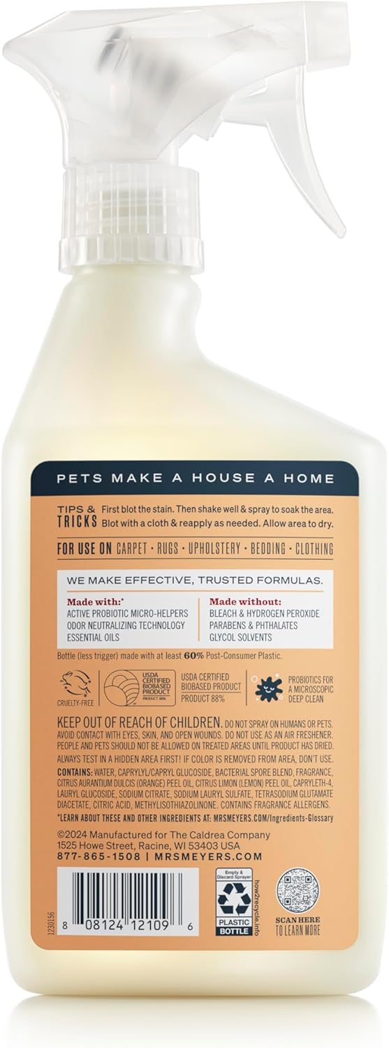 Close up of Mrs. Meyer's Pet Stain and Odor Fighter Orange Blossom label