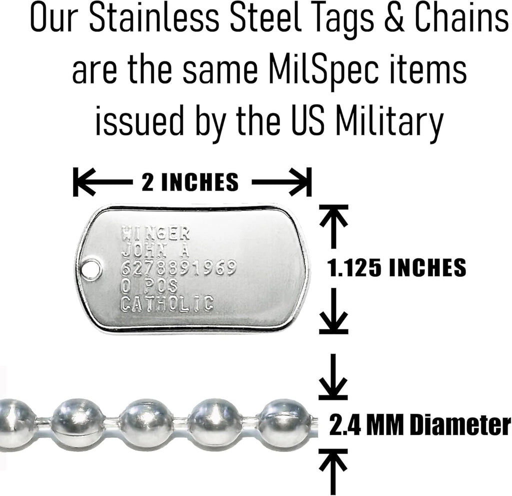 Close up view of the T304 matte finish stainless steel texture on Tag-Z regulation replacement tags.