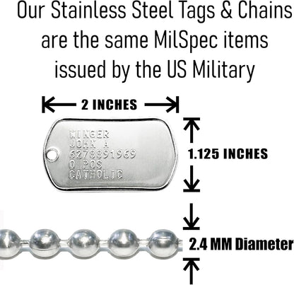 Close up view of the T304 matte finish stainless steel texture on Tag-Z regulation replacement tags.