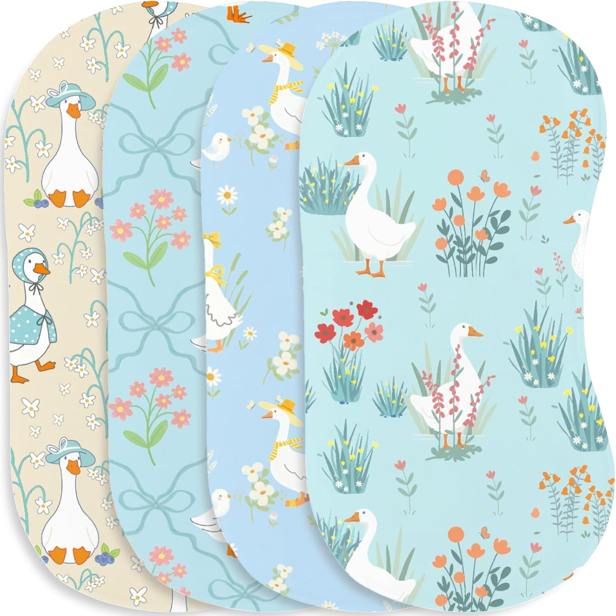 Wauprant goose muslin cotton burp cloths four pack front view showing blue and white geese themed designs.
