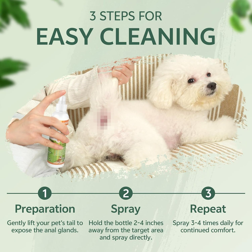 Premium USA imported dog rear end odor eliminator spray bottle.