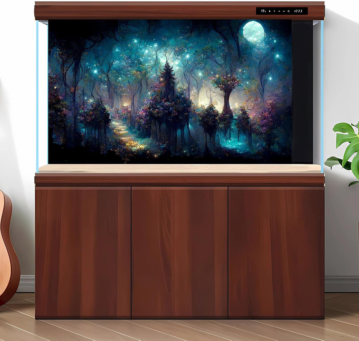 Riivvdise enchanted forest world terrarium background displaying vibrant cyan and purple lights.