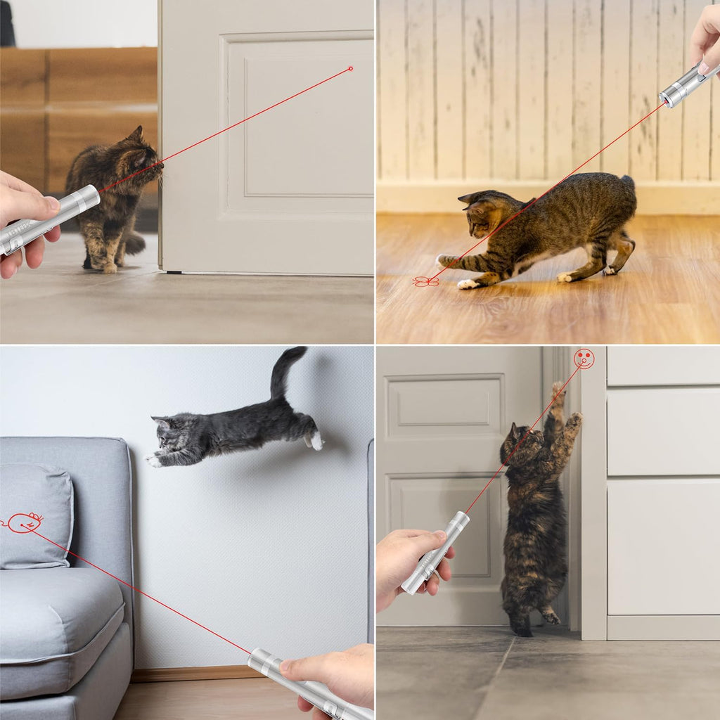 TBTeek rechargeable kitten pointer light showcasing the five adjustable red patterns for exercise.