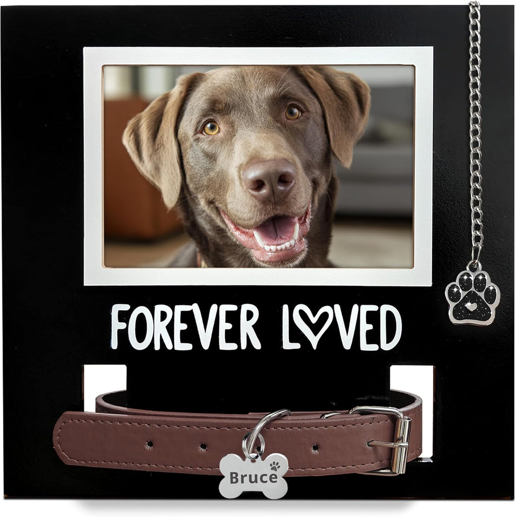 MYPAWLETS pet memorial frame front view showcasing black wooden frame with photo and collar holder