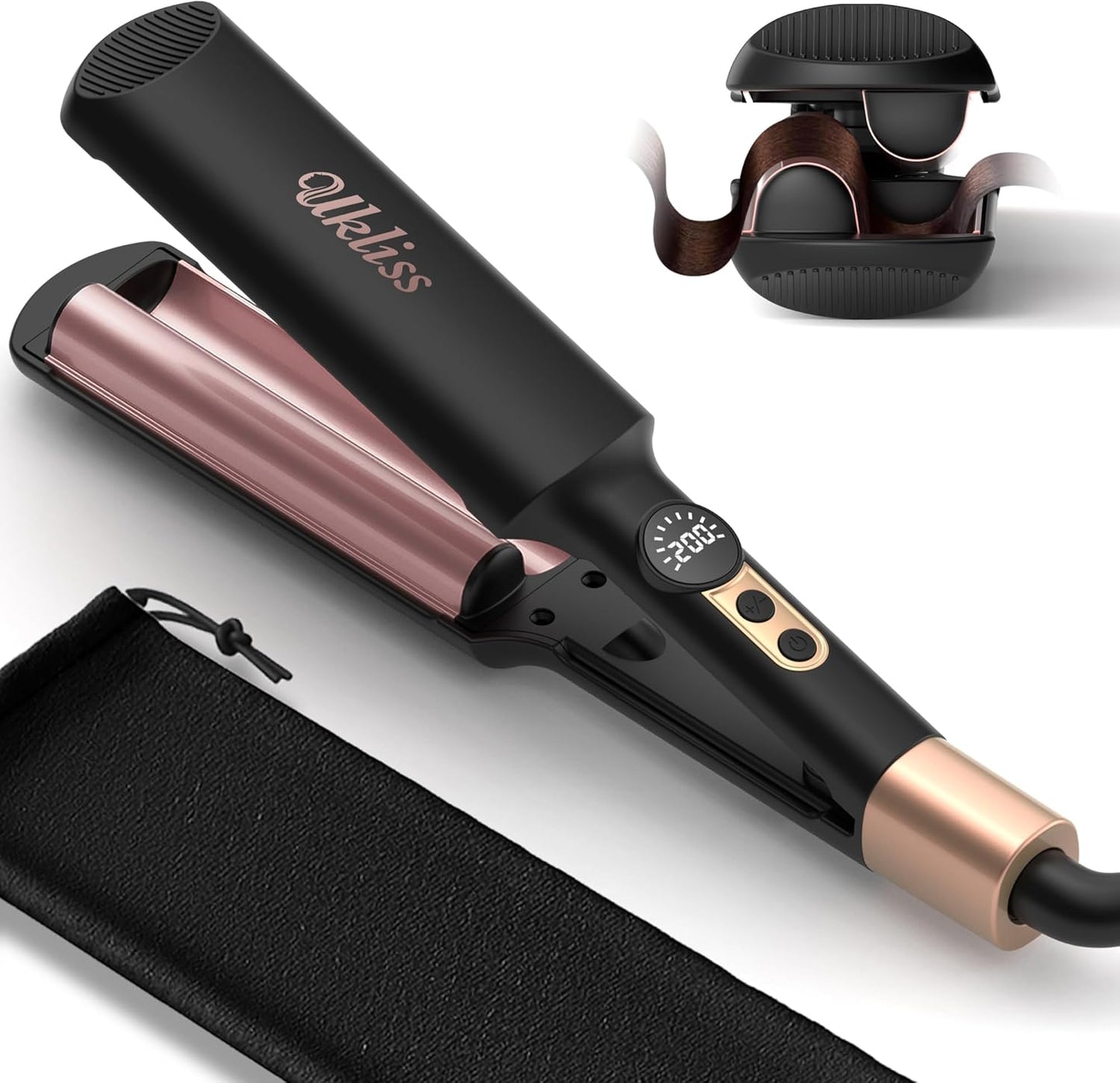 UKLISS Mini Waver Hair Tool front view showing black double barrels and digital temperature display screen