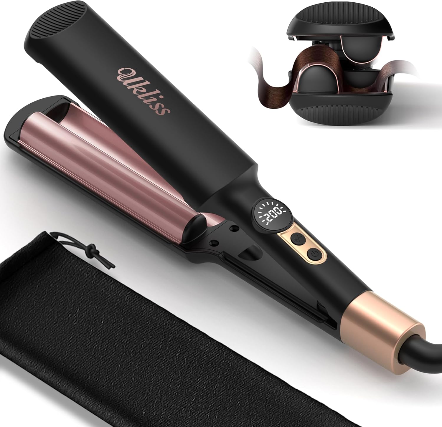 UKLISS Mini Waver Hair Tool front view showing black double barrels and digital temperature display screen