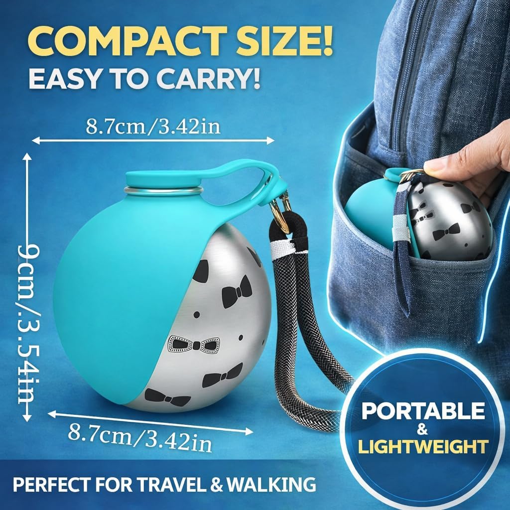Petnf stainless steel puppy water cup with the secure carrying strap attached.