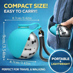 Petnf stainless steel puppy water cup with the secure carrying strap attached.