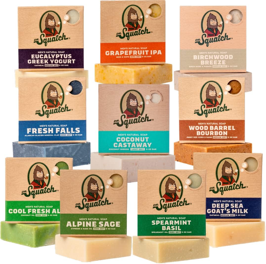 Dr. Squatch Natural Men’s Bar Soap 10 Pack Variety Gift Set front packaging displaying multiple natural cold process bars.