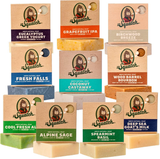 Dr. Squatch Natural Men’s Bar Soap 10 Pack Variety Gift Set front packaging displaying multiple natural cold process bars.