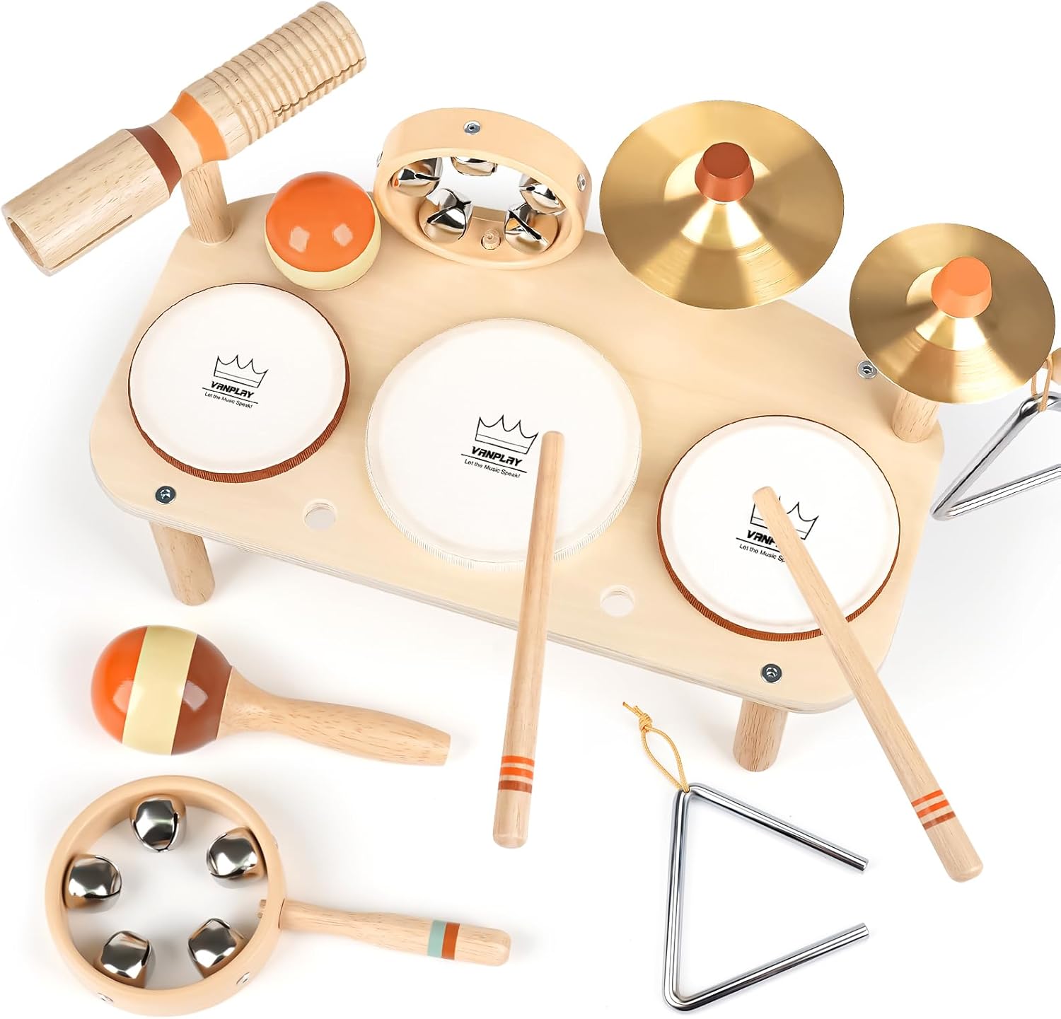 Vanplay Kids Drum Set front view of wooden Montessori musical table toy.