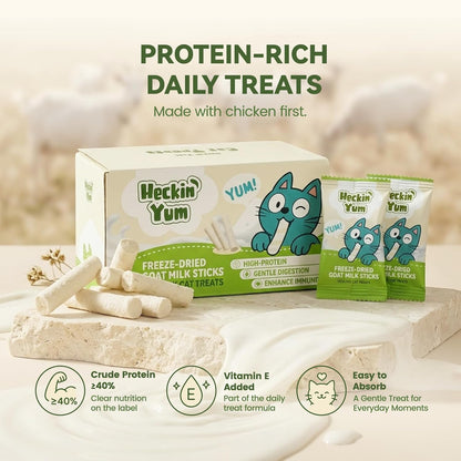 Catit Heckin Yum chicken and goat milk feline treats used as a healthy food topper.