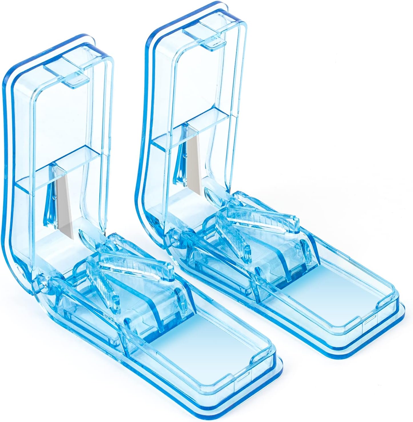 AVIDACE professional pill cutter front view showing blue translucent body and V-shaped slot