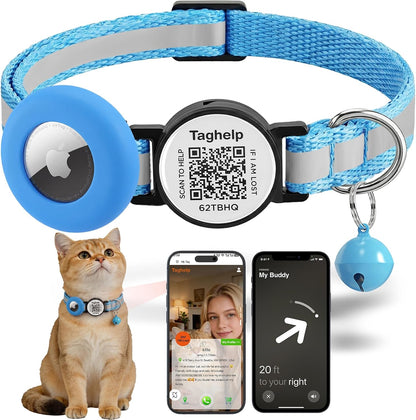 Taghelp Reflective AirTag Cat Collar Blue front view showing integrated silicone tracker pouch.