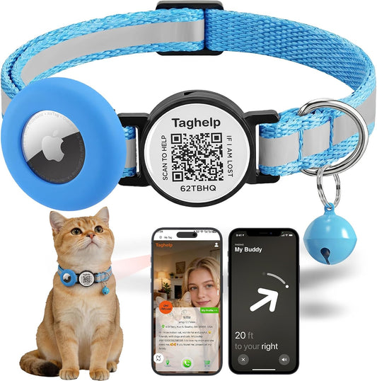 Taghelp Reflective AirTag Cat Collar Blue front view showing integrated silicone tracker pouch.