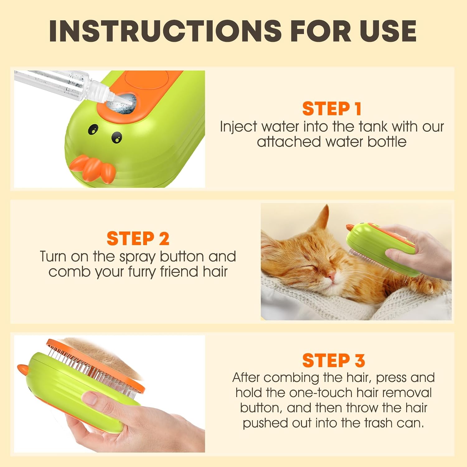 Cat Steam Brush for Shedding, Steam Brush for Cats with Release Button, 3in1 Self Cleaning Cloud Care Cat Hair Brush, Rechargeable Cat Deshedding Brush with Steam for Long & Short Haired Cats and Dogs - Image 9