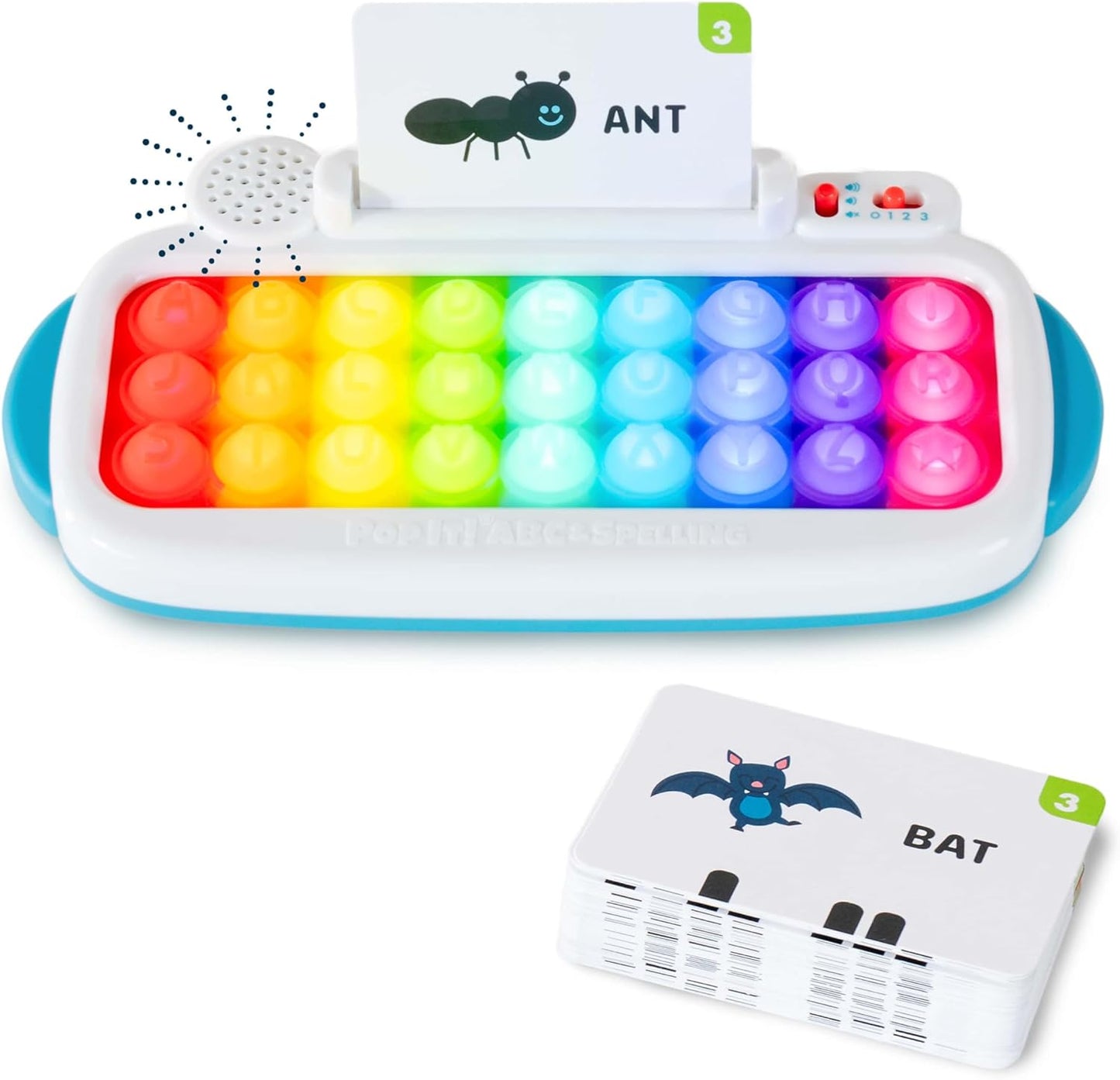 Chuckle & Roar Pop It ABC and Spelling Keyboard front view showing colorful rainbow silicone keys and LED lights.