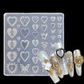 LIFOOST 3D love pattern silicone nail molds front view showing transparent butterfly and heart cavities for professional nail art extensions
