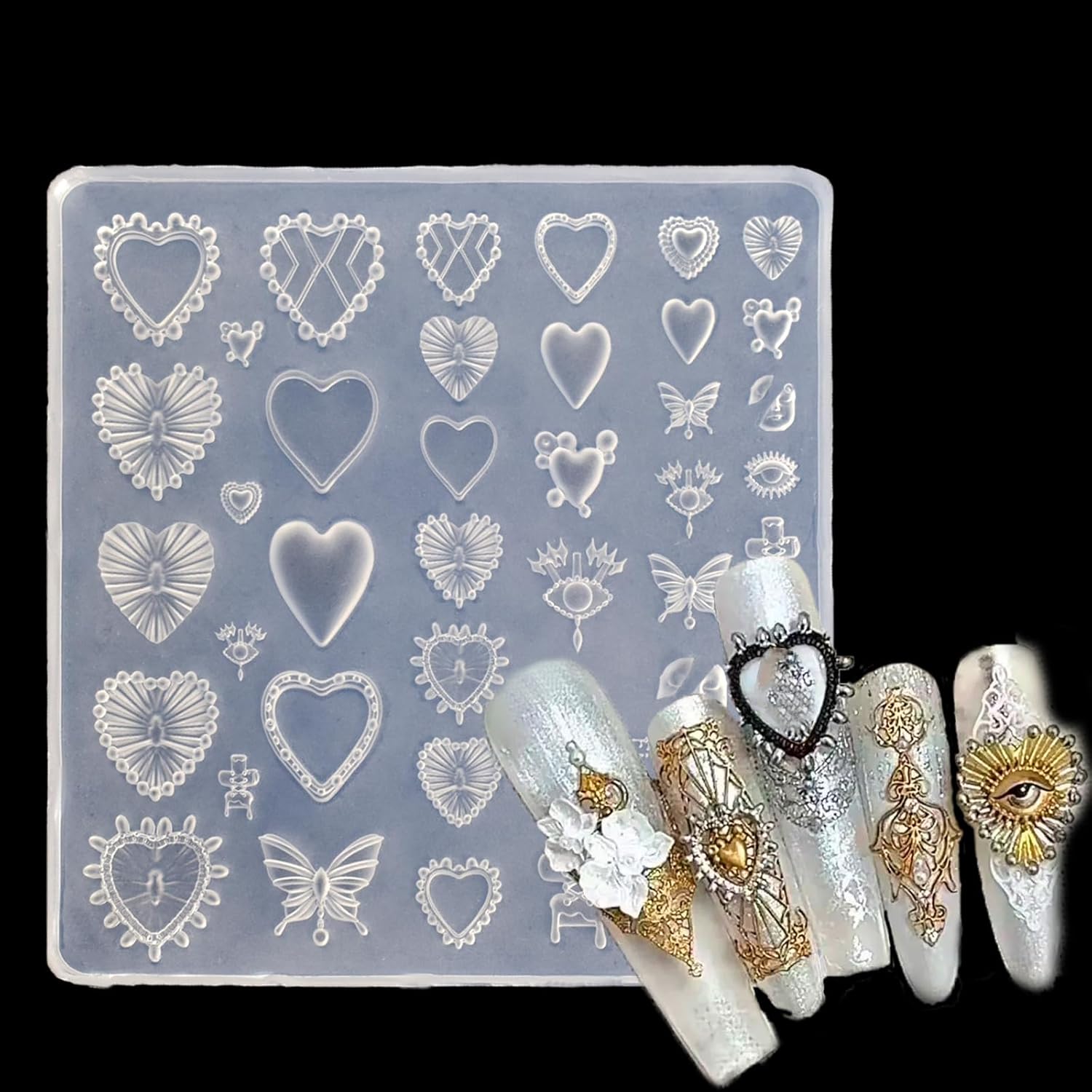 LIFOOST 3D love pattern silicone nail molds front view showing transparent butterfly and heart cavities for professional nail art extensions