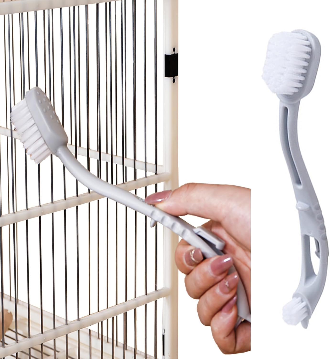 MANON ROSA bird cage cleaner long handle brush tool front view for pet habitat maintenance