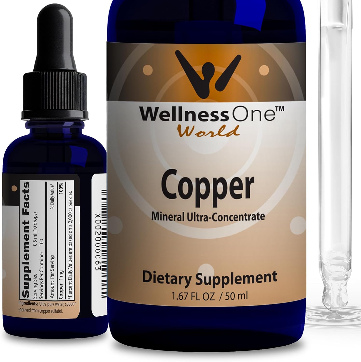 WellnessOne Liquid Copper Drops front view of the 1.67 Fluid Ounce bottle for bone health