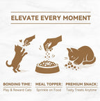 Freeze dried egg yolk cat food toppers crumbled over a pet meal bowl.
