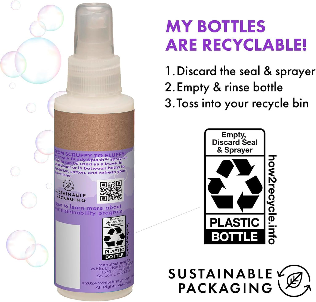Close up of Buddy Splash lavender and mint label for dogs