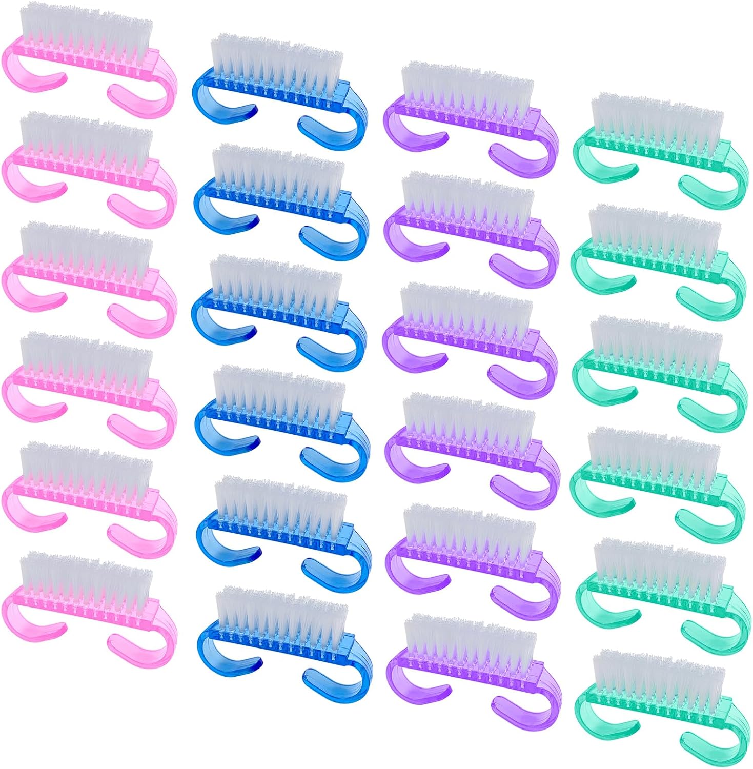 HANWER Handle Grip Nail Brush front view showing vibrant multicolor twenty-four pack layout for fingernail cleaning