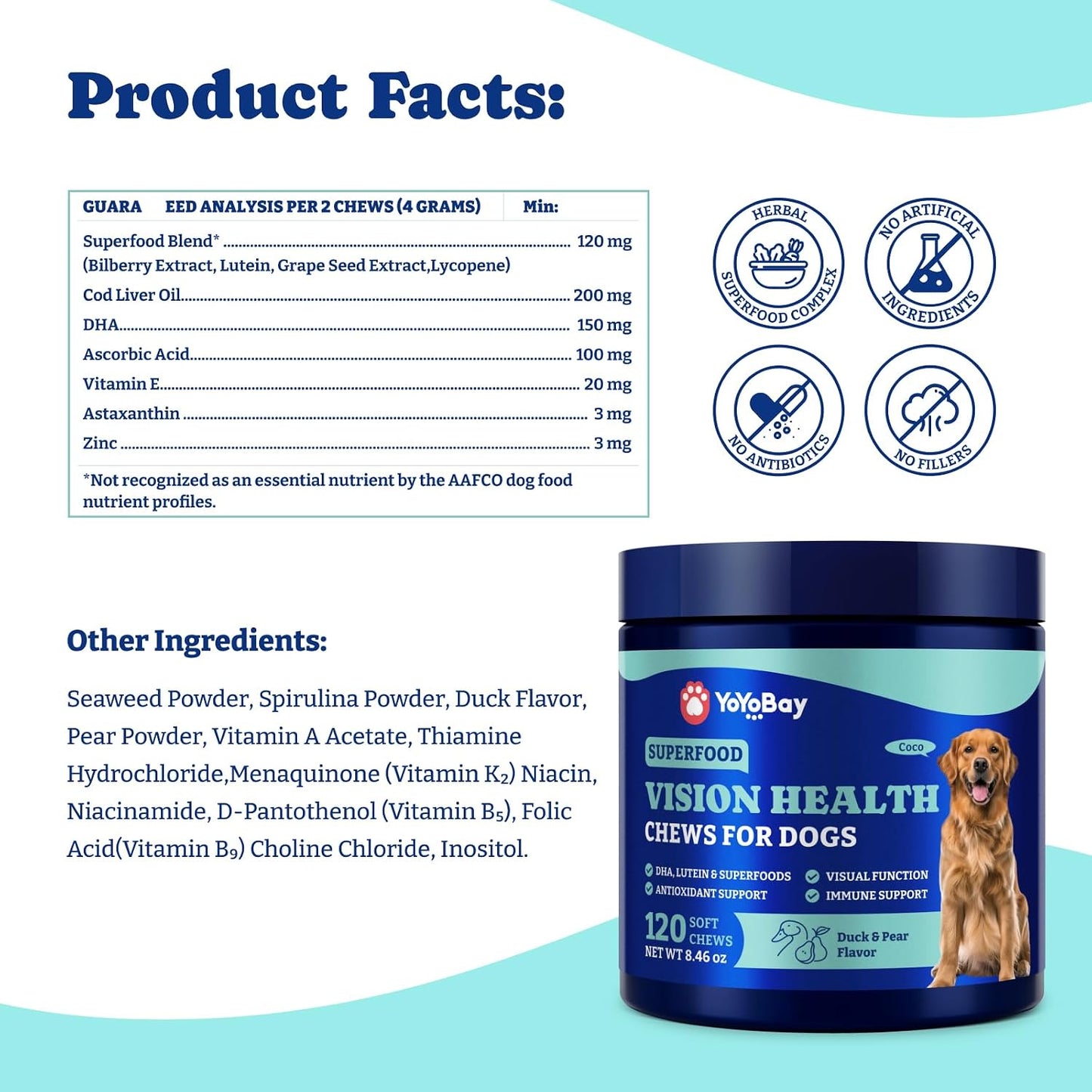 Eye Supplement for Dogs - 120 Soft Chews Dog Vision Supplement with Cod Liver Oil, Antioxidants & Omega 3 Fatty Acids - Eye Vitamins for Dogs - Duck & Pear Flavor - Image 9