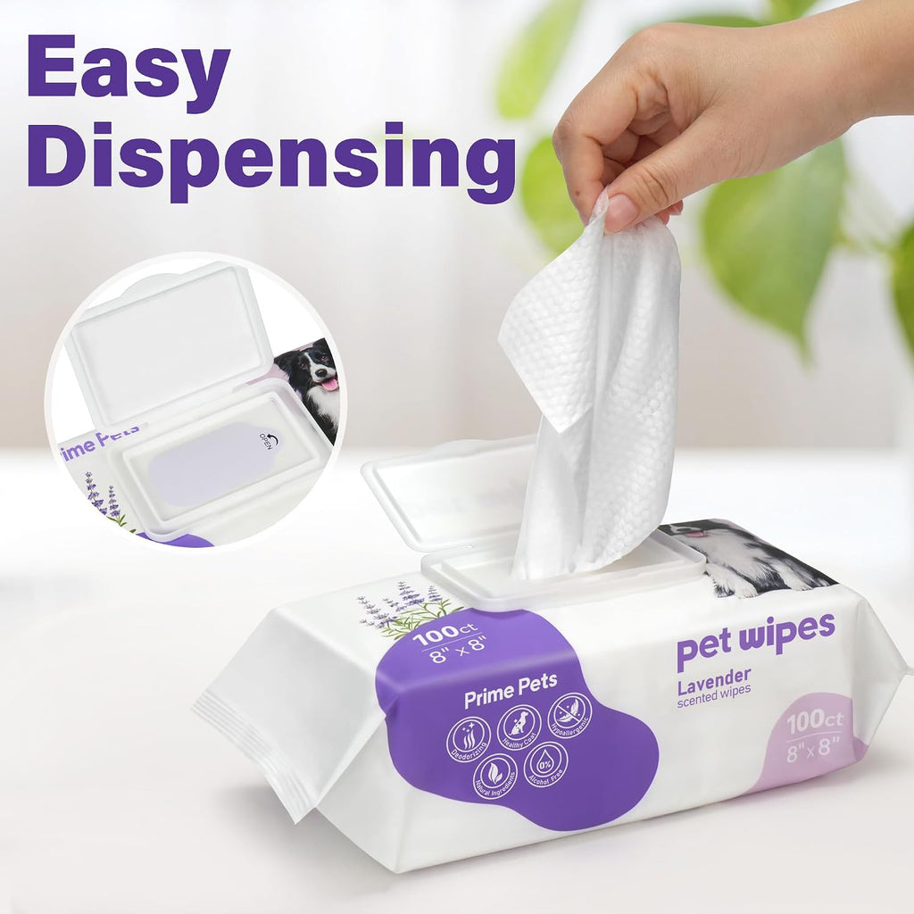 PrimePets lavender scented safe pet wipes ideal for sensitive skin and daily grooming.