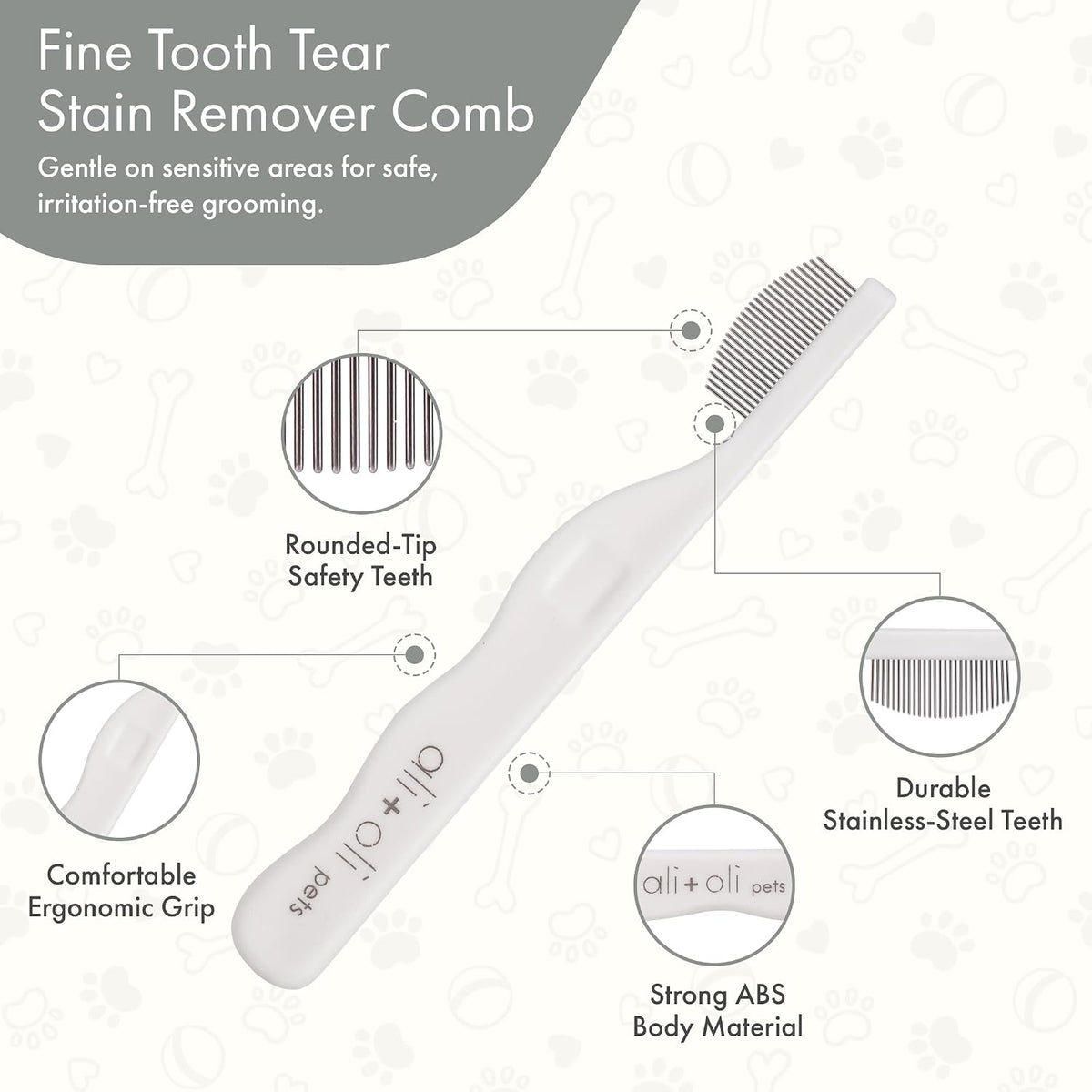 Side view of the authentic USA imported Ali+Oli eye comb for cats and dogs facial care