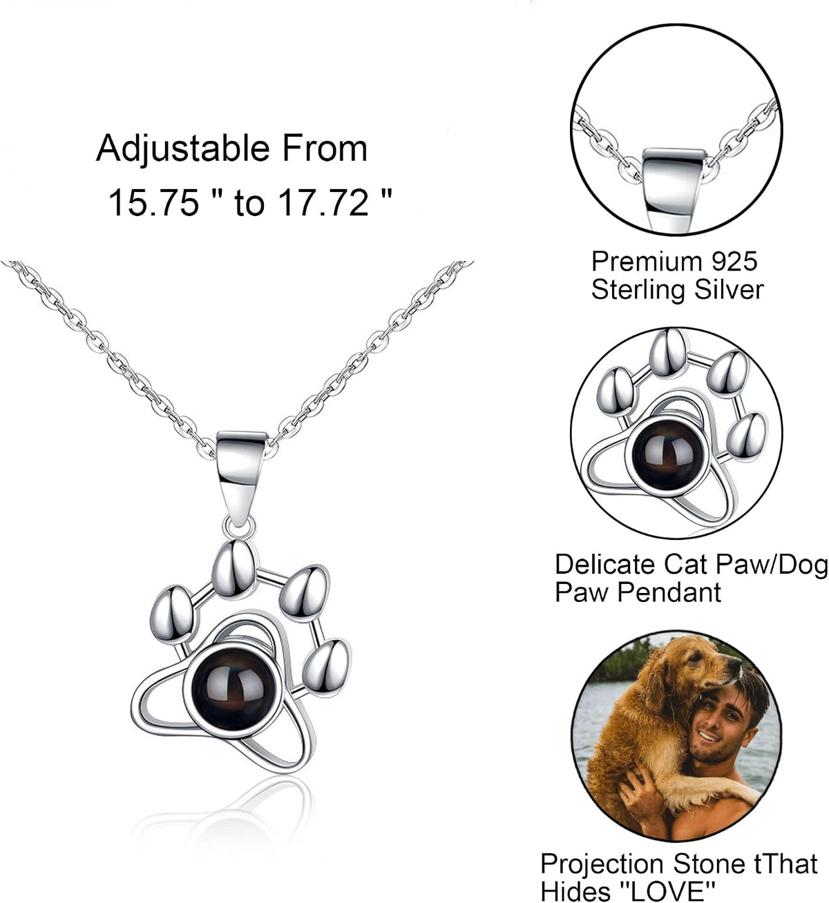 Close up view of the hidden photo micro lens inside the sterling silver paw pendant.