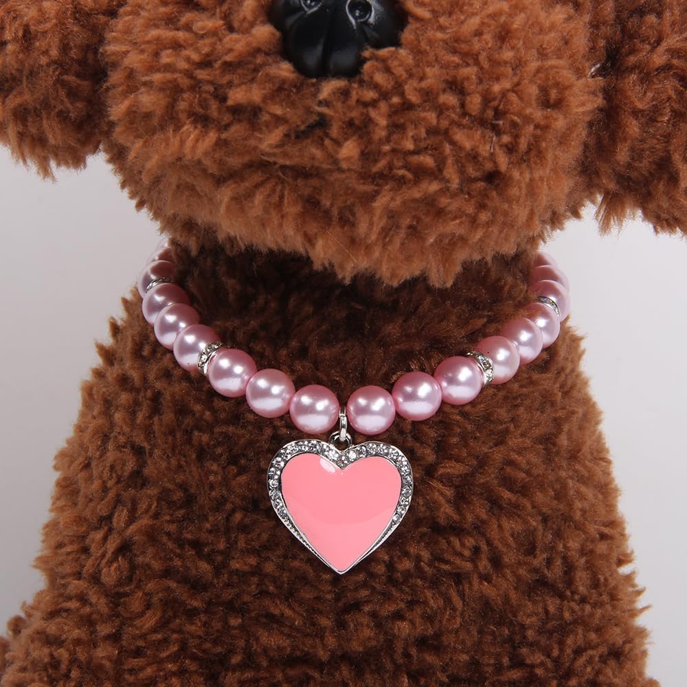 Adjustable silver-plated extension chain and clasp on faux pearl pet jewelry.