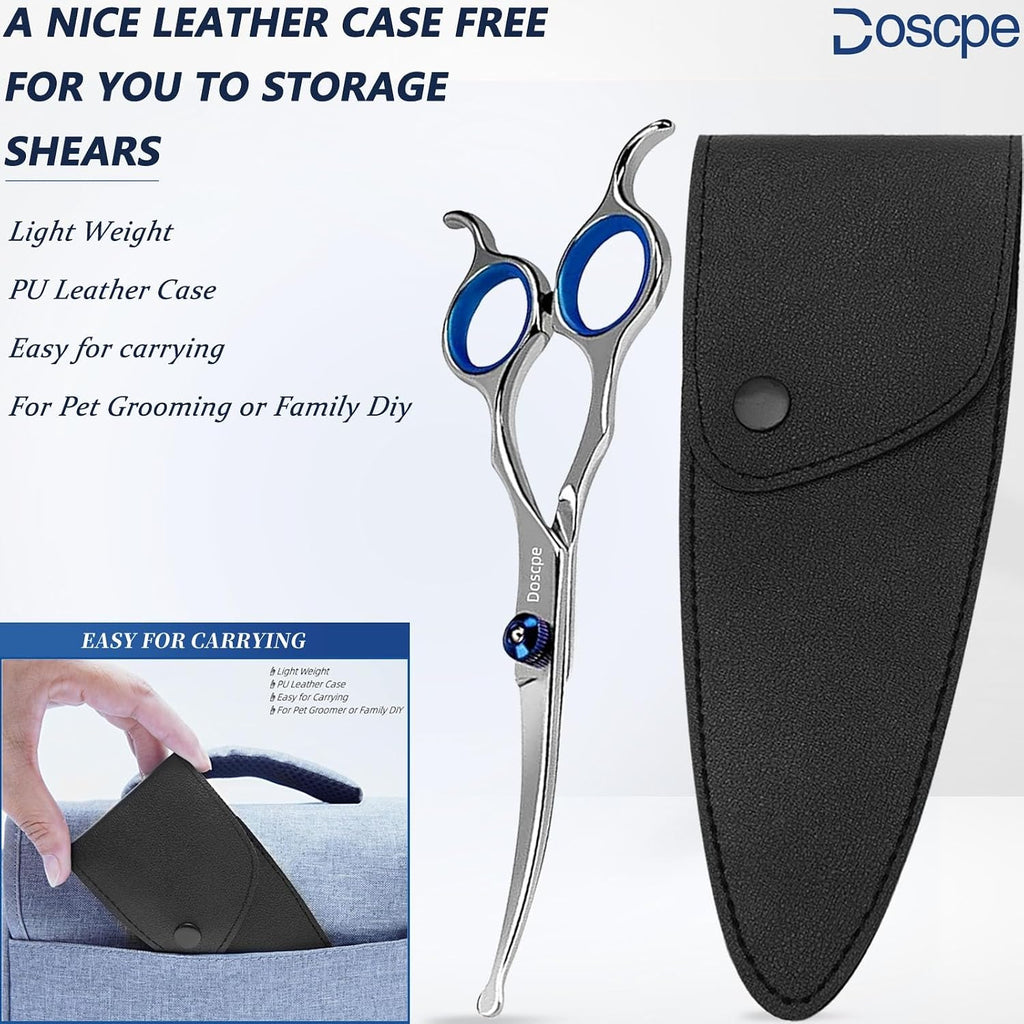 Doscpe curved pet hair scissors with protective black leather storage case