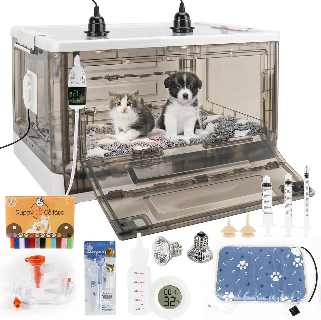HKDQ Puppy Incubator with Heating front view of the eighty-five liter neonatal care enclosure for newborn litters.