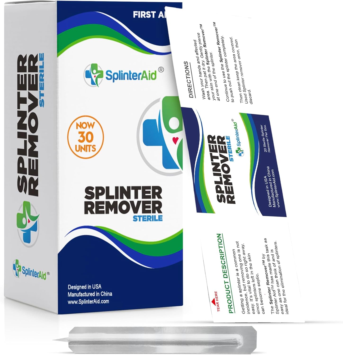 SplinterAid Painless Splinter Removal Kit 30 count box front view for first aid.