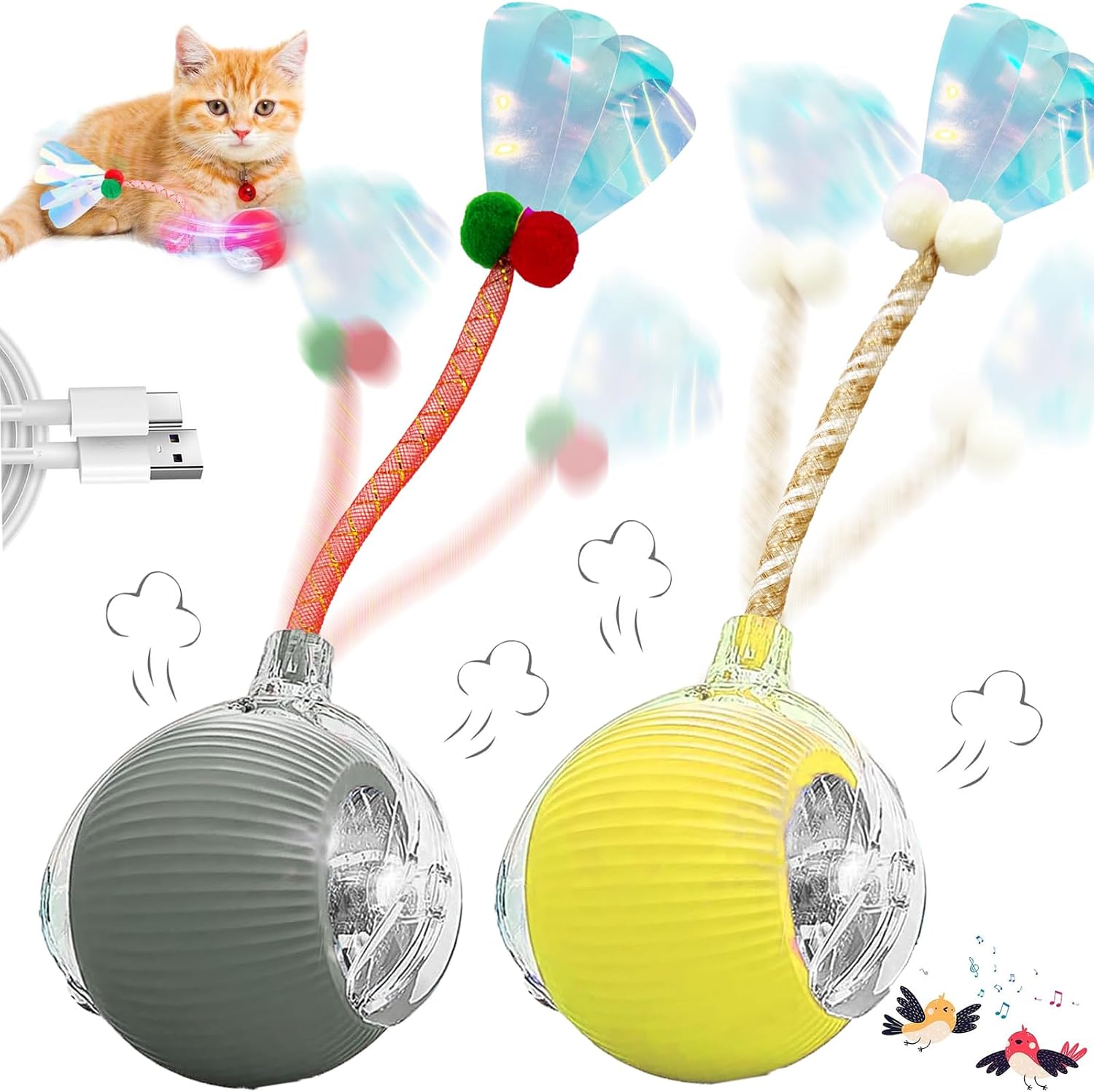 Speedy 2.0 Tail 2 Packs Interactive Cat Toys for Indoor Cats, Automatic Cat Toy with Elastic Mesh Tail, Electric Rolling Ball on Carpet, Chirping and Motion Activate Cat - Image 14