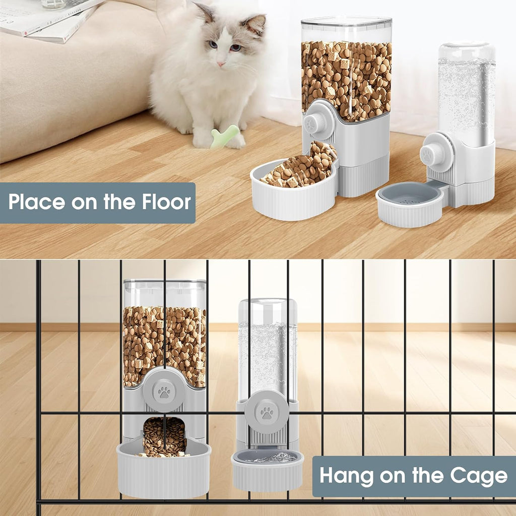 Grey color plastic automatic self-feeding pet station inside a pet kennel