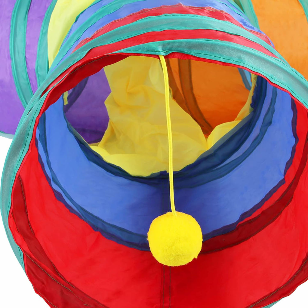 Close-up view of dangling toy ball inside the cat tunnel toy