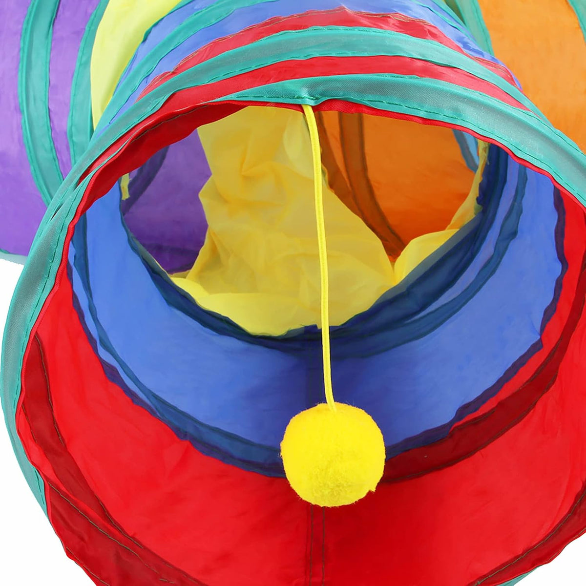 Close-up view of dangling toy ball inside the cat tunnel toy