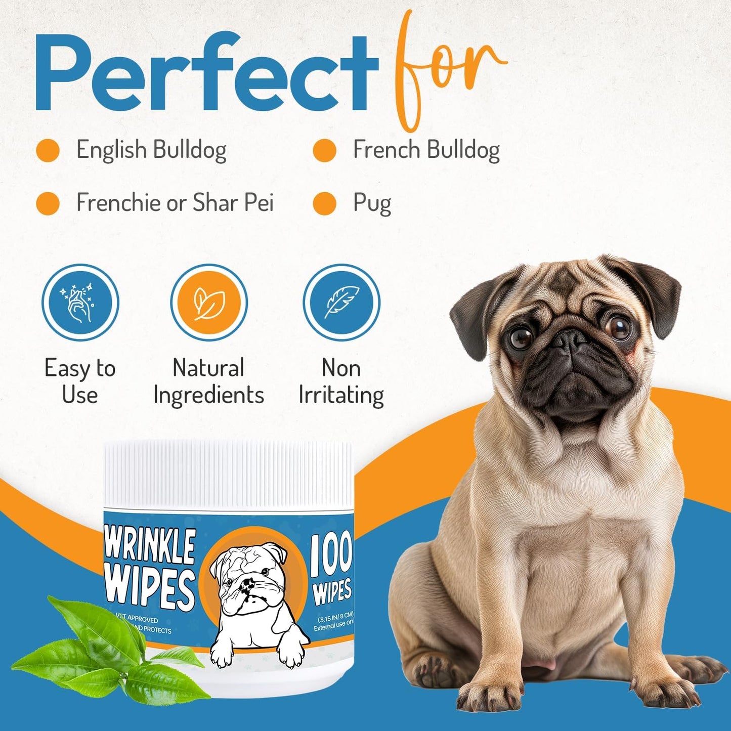 Deodorizing and soothing dog face wipes safe for sensitive skin